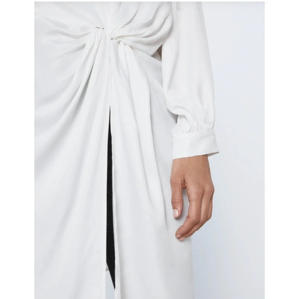 Zara Dress Women Small White Knot Front Long Sleeve Tunic Mock Neck 1971/184/250